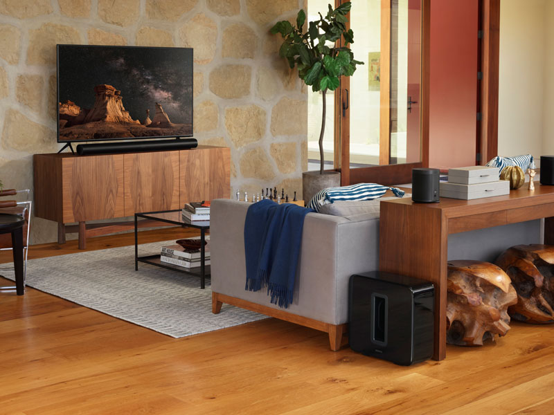 Sonos surround systeem in de woonkamer.