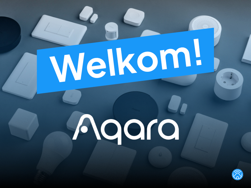 Isometric view van Aqara producten met welkom tekst en Aqara logo bij tink