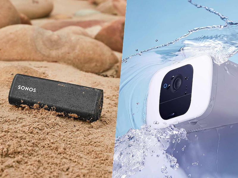 collage van sonos roam en eufy 2k security camera met hoge IP waardes