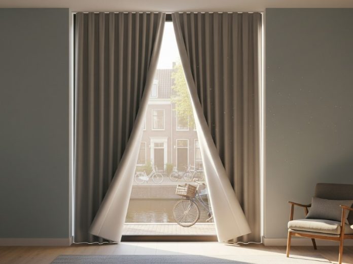 Een sfeervolle, moderne woonkamer met grote, taupekleurige gordijnen deels geopend, die uitkijken op een zonnige gracht met grachtenpanden en fietsen. Zonlicht stroomt de kamer binnen en verlicht een houten dressoir en een comfortabele fauteuil.