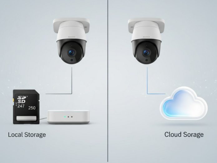 Overzicht van opslagopties voor beveiligingscamera's: lokale opslag met een SD-kaart en basisstation, en cloud opslag.