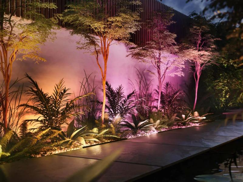 Een sfeervol verlichte tuin met bomen en planten in warme oranje en paarse tinten naast een pad.