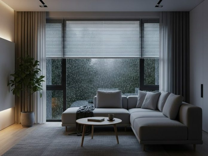 Gezellige, moderne woonkamer met comfortabele grijze bank, salontafel met boek en kopje, terwijl zware regen buiten het grote raam valt. Een perfecte setting voor weersafhankelijke routines binnenshuis.