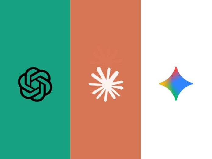 Een drieluik met de logo's van ChatGPT, Claude en Gemini. Links, op een groenblauw vlak, het zwarte in elkaar grijpende ChatGPT-logo. Midden, op een oranjebruin vlak, het witte sterretje-logo van Claude. Rechts, op een wit vlak, het veelkleurige ruitvormige Gemini-logo.