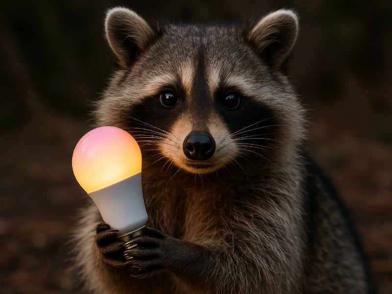 Een wasbeer met donkergrijze vacht en zwart oogmasker kijkt, een gloeiende lamp vasthoudend die van onder geel-oranje naar boven roze oplicht, als een idee voor 'ChatGPT vs. Claude vs. Gemini'.