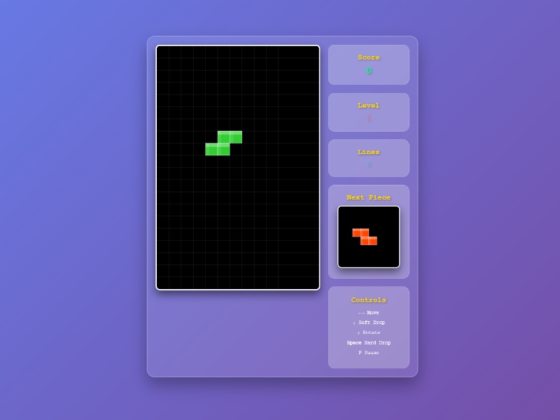 Minimalistische, glasachtige Tetris-game-interface. Op het zwarte raster speelveld is een lichtgroene S-vormige tetromino zichtbaar. Rechts tonen transparante panelen de score (0), level (1), 0 lijnen, de oranje Z-vormige volgende tetromino en de besturingstoetsen. De achtergrond is een paars-blauwe gradient.