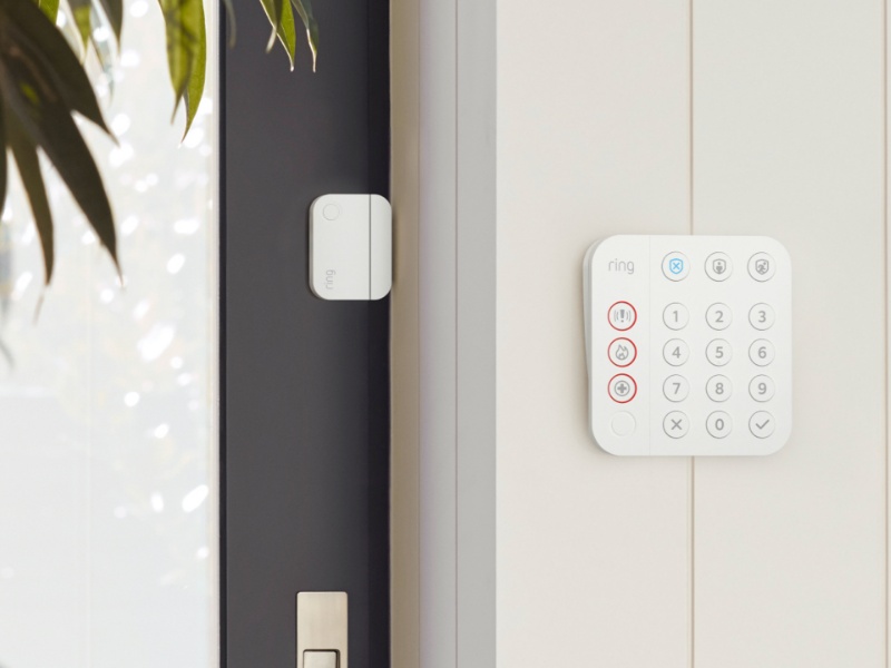 Wit Ring Alarm 2.0 keypad met rode en blauwe knoppen op een witte, verticaal gepaneelde muur, naast een donkergrijs kozijn waarop een witte Ring contactsensor bevestigd is. De getoonde smarthome op een budget-oplossing wordt links omkaderd door groene planten.