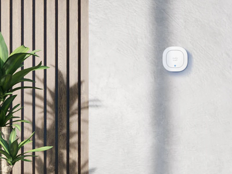 Lichtgrijs Eufy beveiligingsapparaat van een Alarm Systeem op een witte wand, naast een donkerbruine houten lamellenwand en een groene plant in een grijze pot. Zonnige schaduwen vallen over de oppervlakken.