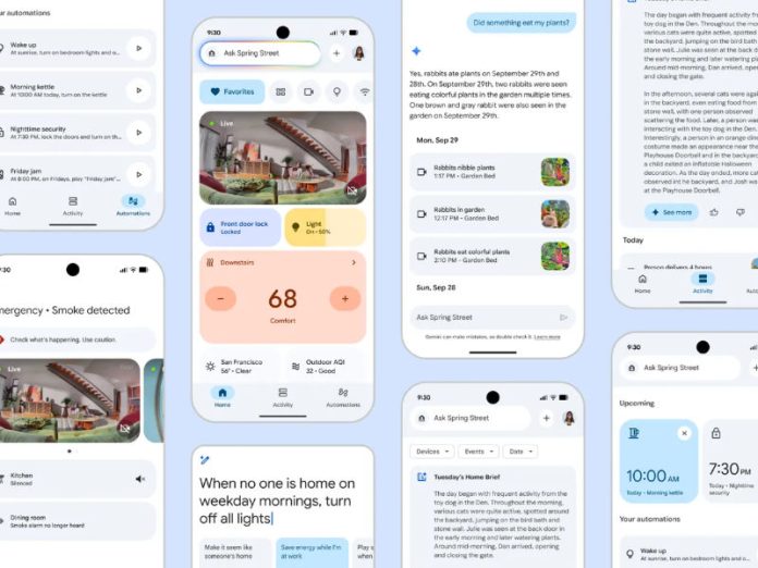 Een collage van diverse schermafbeeldingen van de Google Home-app, die de AI-aangedreven functies ervan tonen. De schermen tonen aanpasbare slimme huisautomatiseringen, een hoofddashboard met apparaatbediening en live camerabeelden, een noodmelding voor een rookalarm, een conversationele AI die vragen over ongedierte in de tuin beantwoordt, en door AI gegenereerde dagelijkse samenvattingen van activiteiten in huis.