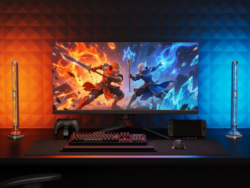 Een dynamisch verlichte Smarthome voor streamers gamingsetup. Op een donker bureau staat een monitor met een fantasy gevecht vol oranje vlammen en blauwe ijskrachten. Twee slanke smartlampen flankeren het scherm, links oranje en rechts blauw, verlichtend een getextureerde achterwand in bijpassende kleuren. Een toetsenbord, muis, controller en koptelefoon liggen op het bureau.