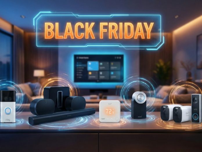 Een selectie van zwarte en witte slimme woningapparatuur (deurbel, luidsprekers, thermostaten) op een donkere tafel met blauwe en oranje gloed. Centraal staat het neon-oranje opschrift 'Black Friday'.