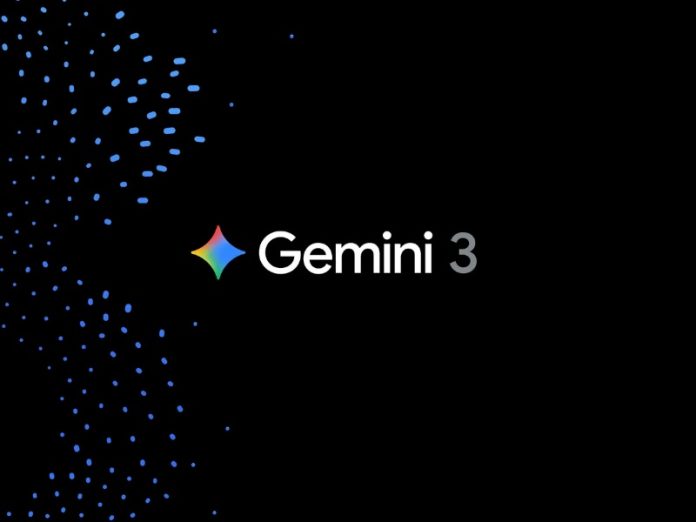 Google Gemini 3 logo in wit en grijs, geflankeerd door een veelkleurig (rood, geel, groen, blauw) sterpictogram op een zwarte achtergrond met een stroom blauwe stippen aan de linkerkant.