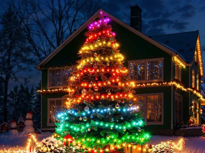 Silently composing in Dutch.Een besneeuwd groen huis versierd met warmwitte lichtslingers, met op de voorgrond een kerstboom die is verlicht met programmeerbare, regenboogkleurige (paars, rood, geel, cyaan, groen) Govee RGBWIC lampjes in de schemering.