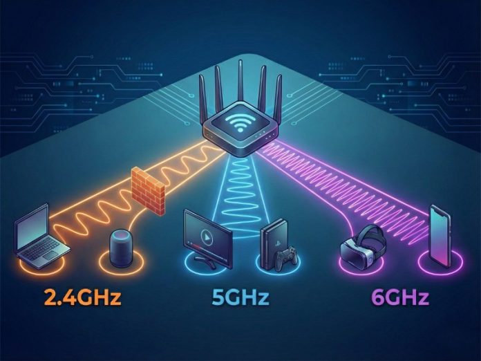 Drievoudige (tri-band) wifi-router in een donkerblauwe tech-omgeving, illustreert het bereik en de snelheid van 2.4GHz (oranje, door muur), 5GHz (lichtblauw, media/gaming) en 6GHz (paars, VR/mobiel). De 2.4GHz vs 5GHz vs 6GHz snelheden en penetratie worden getoond.
