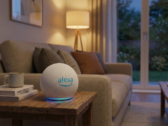 Bolvormige, witte Amazon Echo (Alexa) smart speaker met een blauwe lichtring op een houten bijzettafel in een sfeervolle woonkamer, een ideale setting voor het gebruik na de Alexa Skills uitleg en installeren.