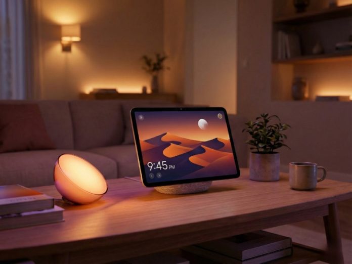 Tablet op luidsprekerstandaard met warm oranje licht en een slimme tafellamp op een bruine houten tafel, ideaal om een Alexa smart home beginnen.