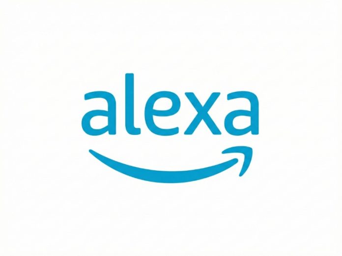 Amazon Alexa logo in felblauw met de merknaam en de bekende Amazon-pijl op witte achtergrond.