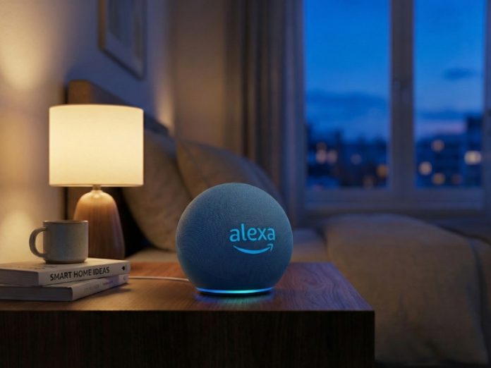 amazon alexa staat op nachtkastje naast een lamp