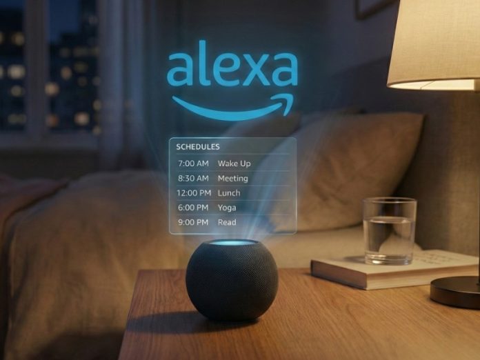 Donkere Amazon Alexa luidspreker met blauw oplichtend holografisch schema op een houten nachtkastje in een warme, sfeervolle slaapkamer.