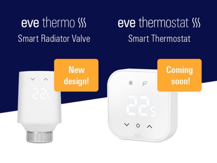 Nieuwe witte Eve Thermo 5e generatie slimme radiatorkraan en een witte Eve Thermostat, gepresenteerd op een donkerblauwe achtergrond met oranje tekstvakken.