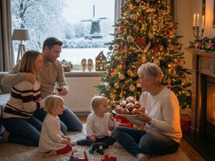 Gezellige, warme afbeelding van een familie (grootouders, ouders, twee kleine kinderen) die op een lichtbruin kleed bij een verlichte groene kerstboom en oranje open haard zitten en oliebollen eten, met buiten een witte besneeuwde molen. Ideaal voor het gevoel van veiligheid tijdens Huis beveiligen feestdagen.