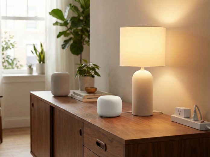 Twee witte slimme speakers (een groot, een compact) en een witte lamp op een donkerbruin houten dressoir, om de Nieuwe router smart home overzetten te illustreren.
