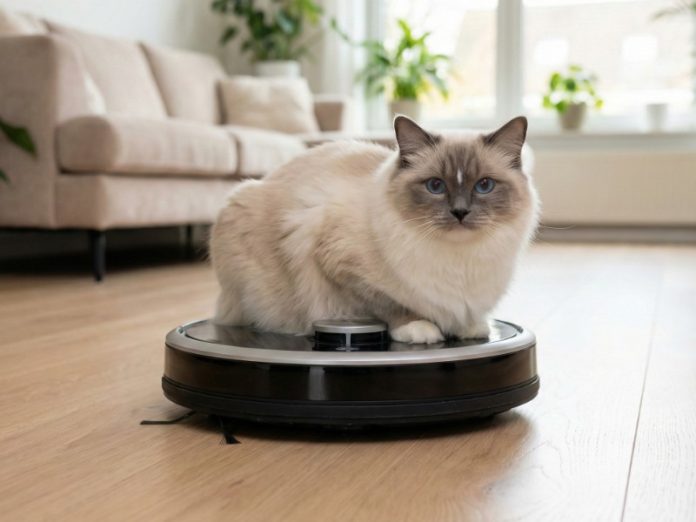 Sneeuwwitte Ragdoll kat met blauwe ogen zit op een glanzende, zwarte Robotstofzuiger dierenharen, in een lichte woonkamer met een beige bank en houten vloer.