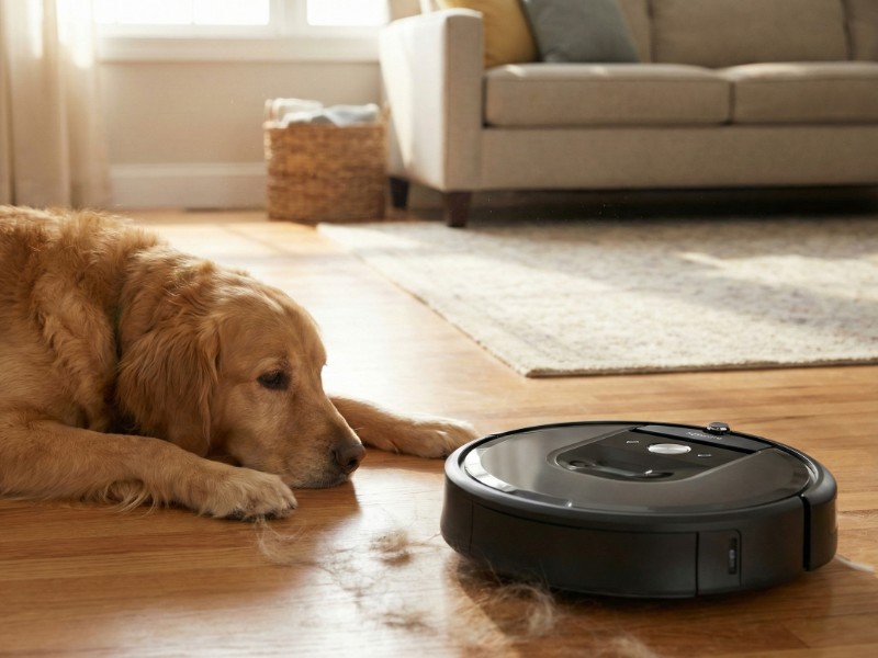 Goudkleurige Golden Retriever ligt op een glanzende, bruine houten vloer naast een zwarte Robotstofzuiger dierenharen, met rondom de robot losse plukken hondenhaar.