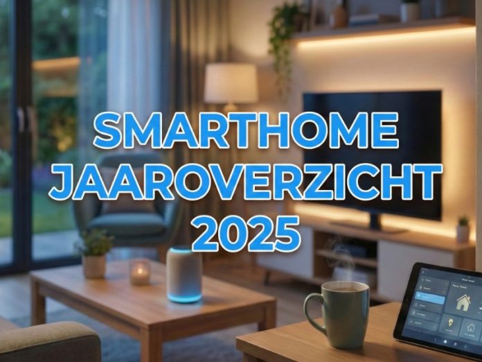 Smarthome jaaroverzicht 2025: Gezellige, modern ingerichte woonkamer met sfeervolle oranje en blauwe verlichting, slimme apparaten (thermostaat, tablet, speaker) en blauw-witte tekst.