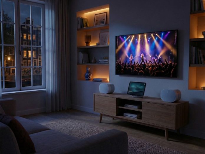 Donkere woonkamer met twee witte Sonos-speakers en Alexa-display op een houten dressoir, met tv die een levendig concert toont (geel, blauw, paars licht). Geschikt voor de Sonos Skill voor Alexa.