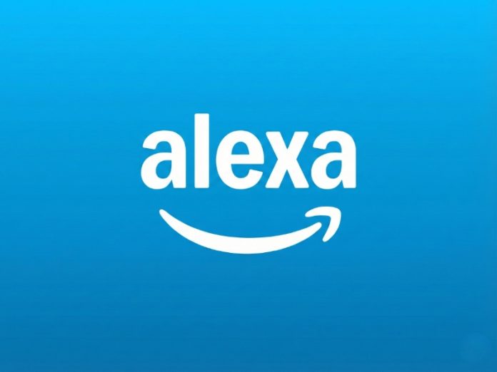 Wit Amazon Alexa logo met de Amazon glimlach op een felblauwe achtergrond. Wat is Amazon Alexa.