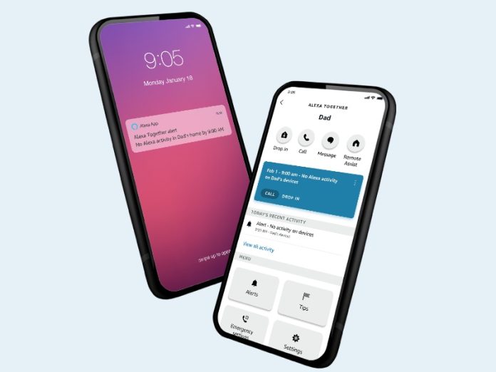 Twee zwarte smartphones tonen Amazon Alexa App functies. De linker heeft een paars-roze scherm met een 'geen activiteit' melding; de rechter toont het witte Alexa Together dashboard met een blauwe waarschuwing en Drop In opties.