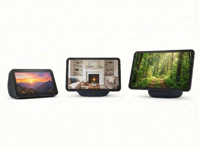Amazon Echo Show 5 vs 8 vs 11, comparative product shot showing three Amazon Echo Show smart displays increasing in size (small, medium, large) aligned left to right on a white studio background, displaying a sunset, a living room scene, and a forest path.