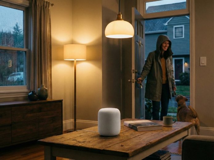 Een witte Apple HomePod-slimme luidspreker staat op een houten salontafel in een sfeervol verlichte woonkamer, wat duidt op een centrale rol in de Apple Home Automatisering.