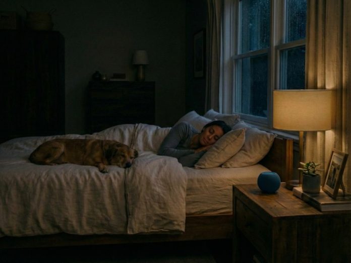 Een blauwe Apple HomePod Mini (slimme luidspreker) staat op het nachtkastje, geschikt voor het uitvoeren van Home Opdrachten.