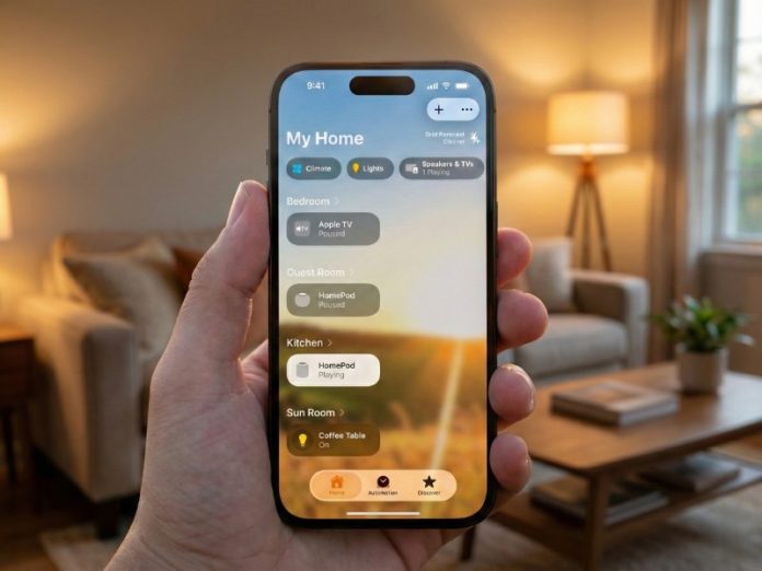 Scherm van een iPhone met de Apple Woning-app ('My Home') zichtbaar, die bedieningselementen voor slimme apparaten in huis weergeeft (zoals HomePod en Apple TV).
