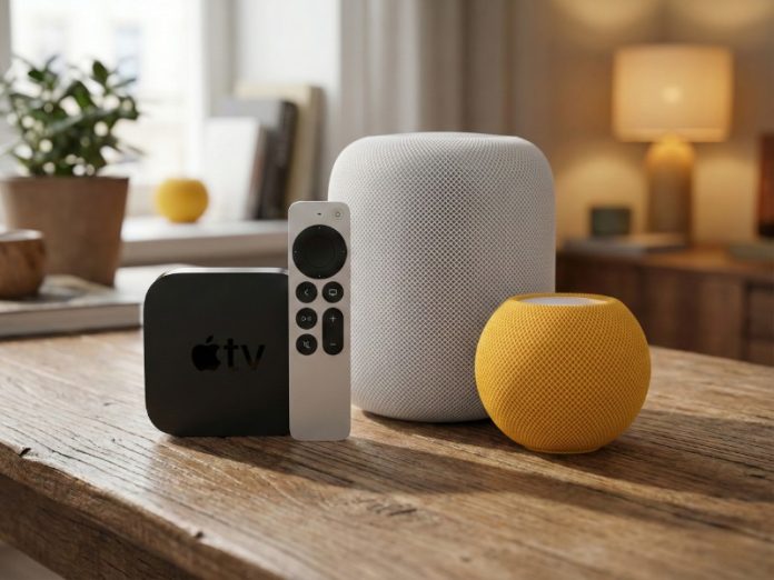 Apple Woning-hub nodig of niet. De foto toont een HomePod, een gele HomePod mini en de Apple TV 4K met Siri Remote op een houten tafel.