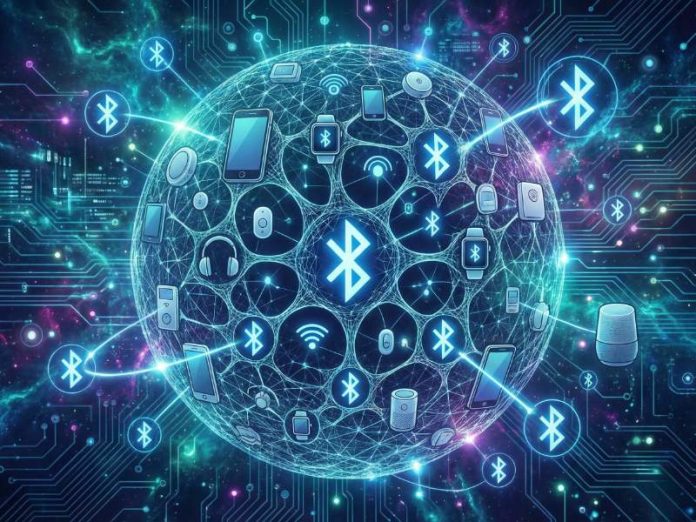 Digitale illustratie voor Bluetooth Mesh uitleg: een blauwgloeiend bolvormig mesh-netwerk met smartphones, smartwatches en luidsprekers, verbonden door lichtlijnen op een donkere circuitboard-achtergrond.