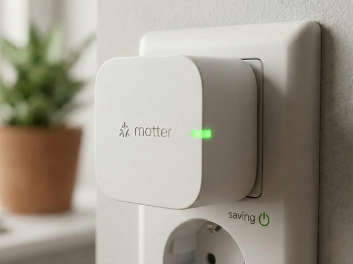 Witte Matter slimme stekker met groen LED-licht in een stopcontact gemarkeerd met 'saving', ter illustratie van Energie besparen met Matter.