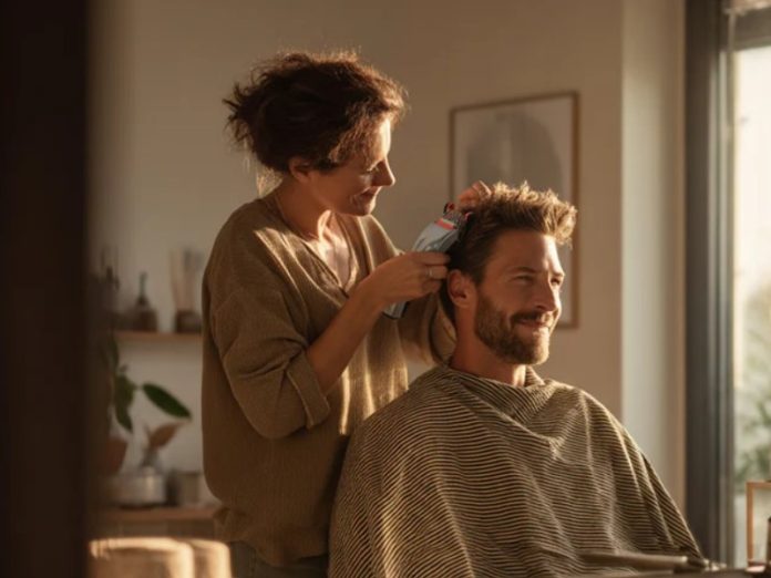 Vrouw knipt lachende man thuis in warm, zonnig licht met de lichtblauwe/grijze GLYDE smart hair clipper, terwijl hij een gestreepte kappersmantel draagt.