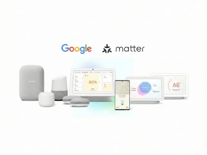 Overzicht van Google Nest/Home slimme apparaten (speakers en displays) met de Google en Matter logo's erboven, wat de samenwerking en connectiviteit binnen het smart home ecosysteem illustreert.