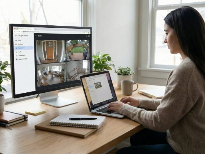 Een desktopmonitor waarop het Google Home-dashboard met vier live camerabeelden wordt weergegeven.