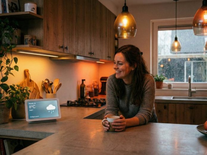 Lachende vrouw in een keuken met een Google Nest Hub slimme display op het aanrecht, wat wijst op het instellen van Google Home Routines.