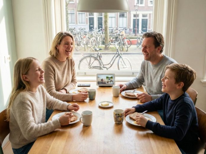Google Nest Hub slimme scherm op de eettafel in een familiescène, relevant voor Google Voice Match instellen.