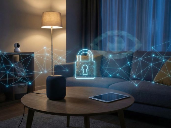 Smart home apparaten, zoals een speaker en camera, in een woonkamer met een blauwe, gloeiende netwerkoverlay. Een groot hangslot en oog symboliseren de vraag: 