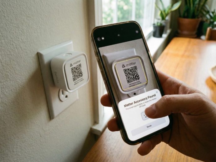 Matter apparaten Apple Home. Iemand scant met een smartphone de Matter QR-code van een Belkin slimme stekker in het stopcontact voor de configuratie.
