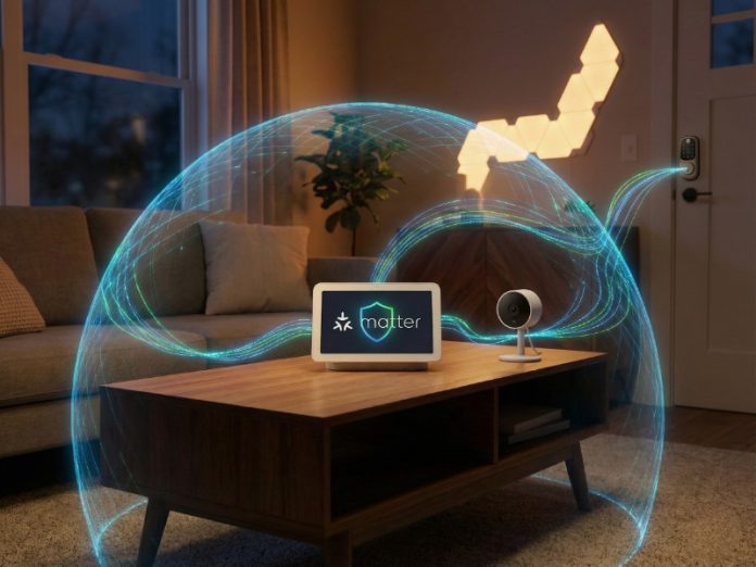 Een slimme display met het Matter-logo en een camera op een houten tafel, omgeven door een blauw-groene digitale beveiligingsbol. Dit illustreert Matter beveiliging en privacy voor verbonden apparaten in huis.