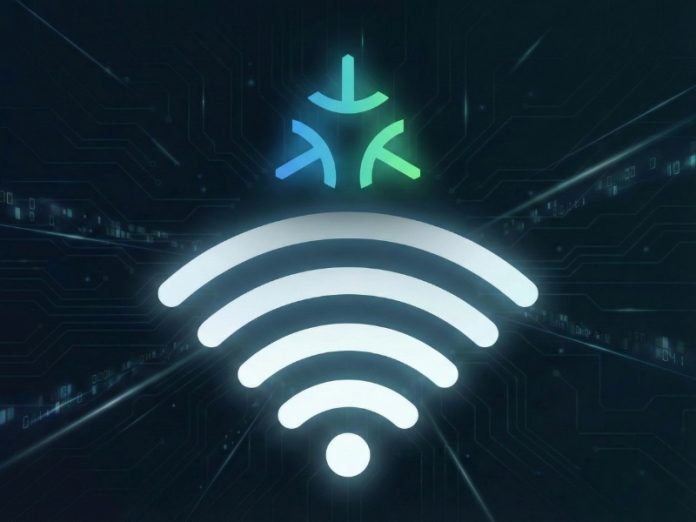 Digitaal diagram voor Matter over Wifi uitleg, met een gloeiend wit wifi-symbool en een Matter-logo (blauw-groen) tegen een donkere circuitachtergrond.