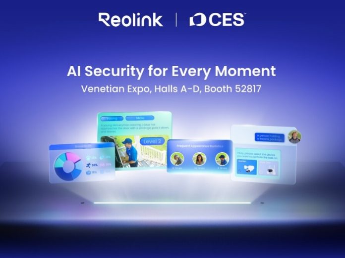 Visuele weergave van Reolink AI-beveiligingsfuncties tegen een donkerblauwe achtergrond. Verschillende transparante, cyaan-getinte schermen tonen statistieken, gezichtsherkenning en objectidentificatie. Promotie voor Reolink CES 2026 beursstand op Venetian Expo.
