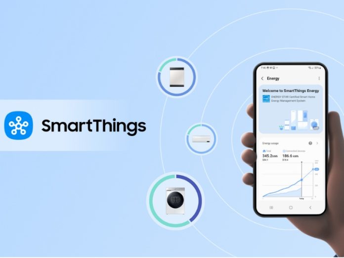 Samsung SmartThings uitleg. Visualisatie van de SmartThings Energy app op een smartphone, die het energieverbruik van diverse verbonden Samsung huishoudelijke apparaten (zoals wasmachine, koelkast en airco) in het smart home-ecosysteem bewaakt en grafisch weergeeft.